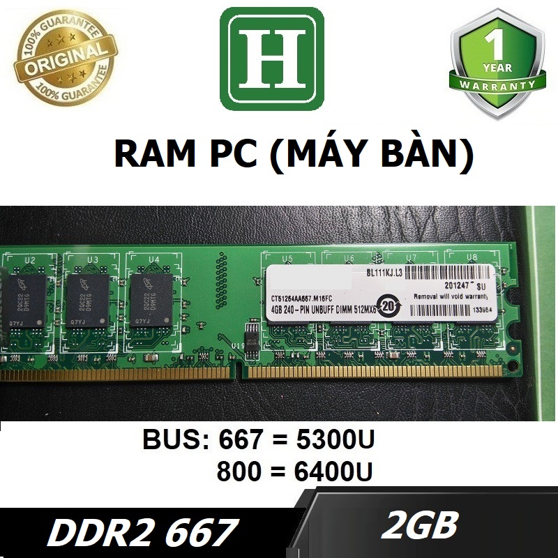 Ram PC 2GB DDR2 bus 667 ram dùng cho máy bàn, desktop