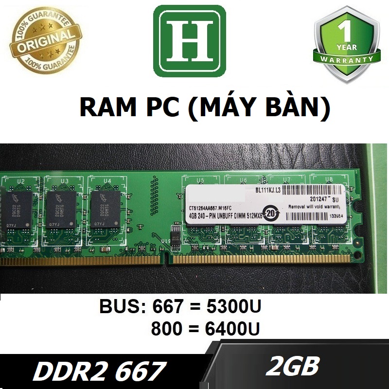 Ram PC 2GB DDR2 bus 667 (5300U) ram dùng cho máy bàn, desktop