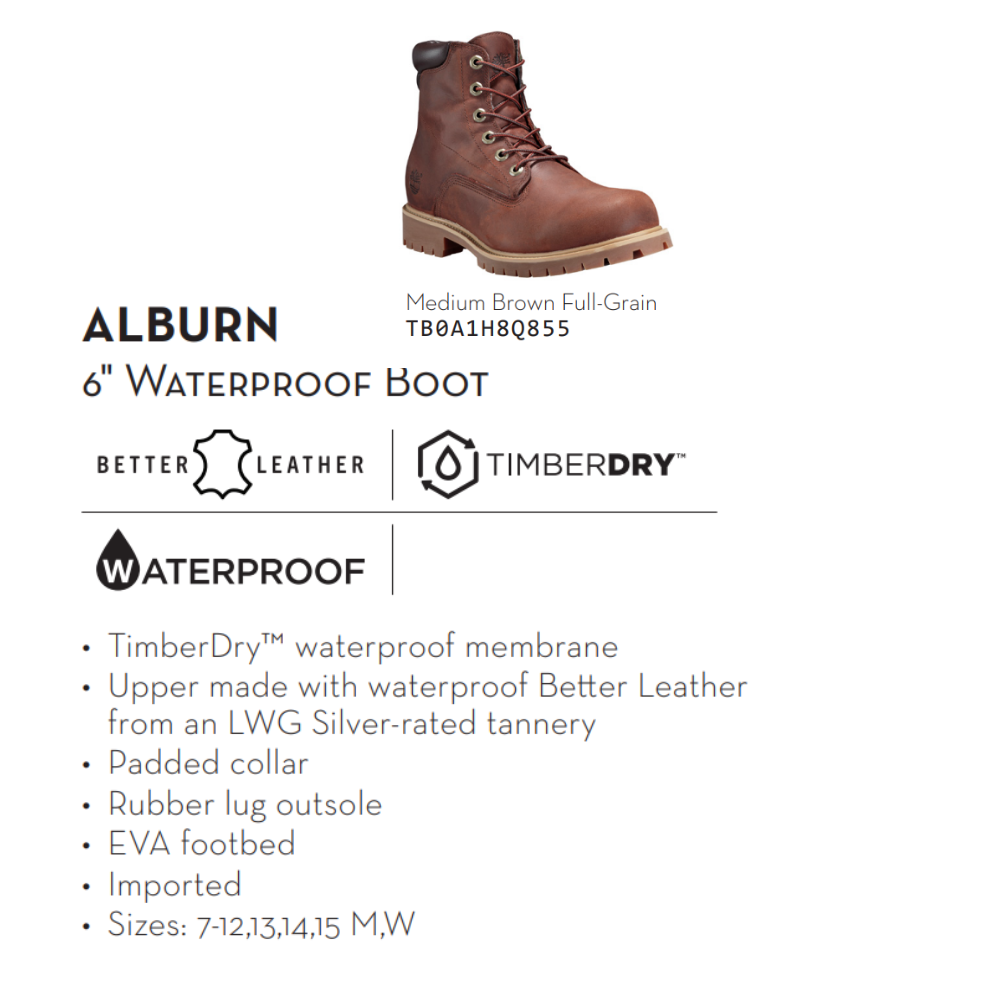 Timberland Giày Boot Nam Cổ Cao 6 inch Basic Alburn Boot WP Md Brown Full Grain TB0A1H8QHE