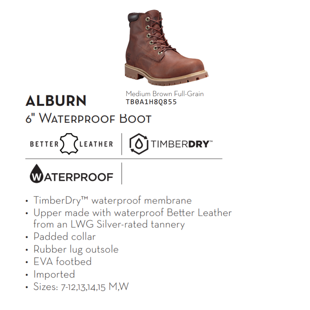 [Original] Timberland Giày Boot Nam Cổ Cao 6 inch Basic Alburn Boot WP Md Brown Full Grain TB0A1H8QHE