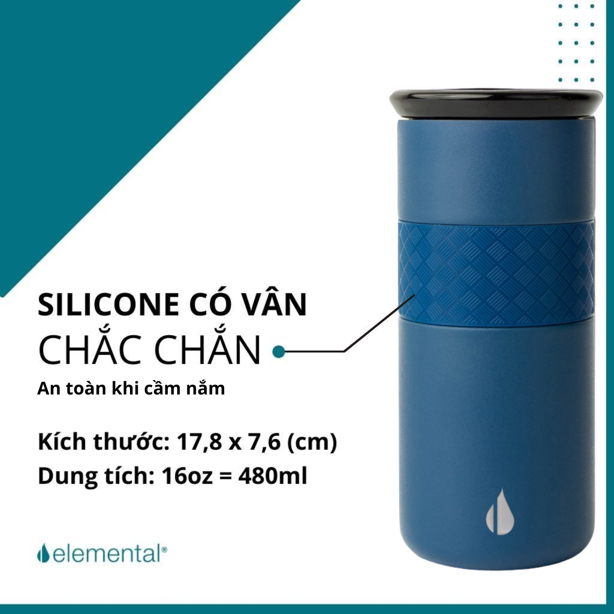 Ly giữ nhiệt Artisan Elemental 480ml màu xanh navy, giữ nhiệt vượt trội, inox 304, FDA Hoa Kỳ, nắp sứ sang trọng