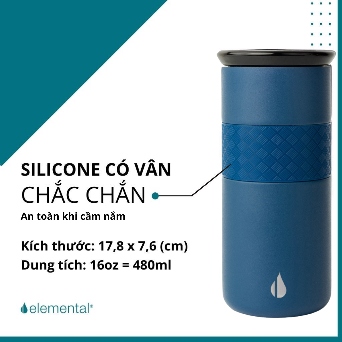 [ Hàng chính hãng – Thương hiệu Mỹ] Ly giữ nhiệt Artisan Elemental 480ml màu xanh navy, giữ nhiệt vượt trội, inox 304, FDA Hoa Kỳ, nắp sứ sang trọng