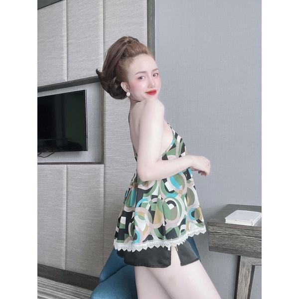 Đồ Ngủ bigsize Sexy Nữ, Bộ Ngủ Lụa 2 Dây Nữ, áo kiểu yếm mango viền ren + quần satin, freesize 40_70kg, tuỳ chiều cao