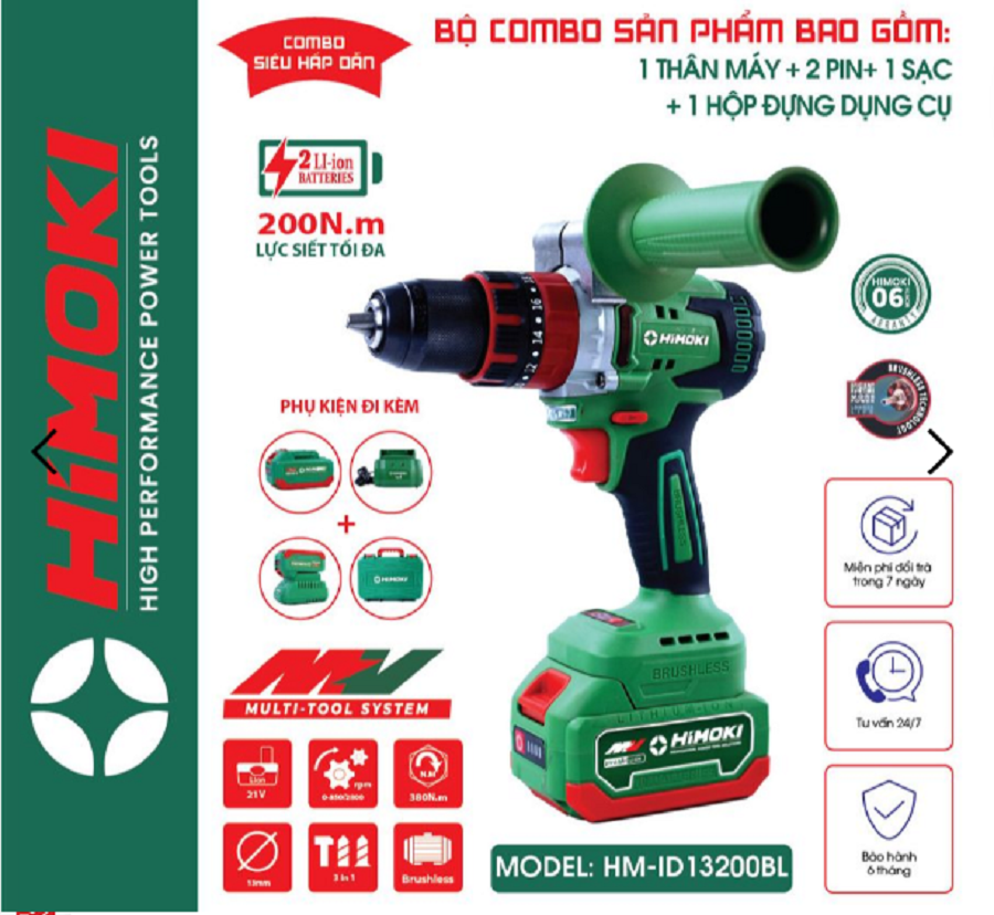 Máy Khoan Pin Bê Tông 3 Chức Năng HIMOKI 13mm 21V Pin 10 Cell - Motor 100% Dây Đồng Không Chổi Than - Bảo Hành 12 Tháng