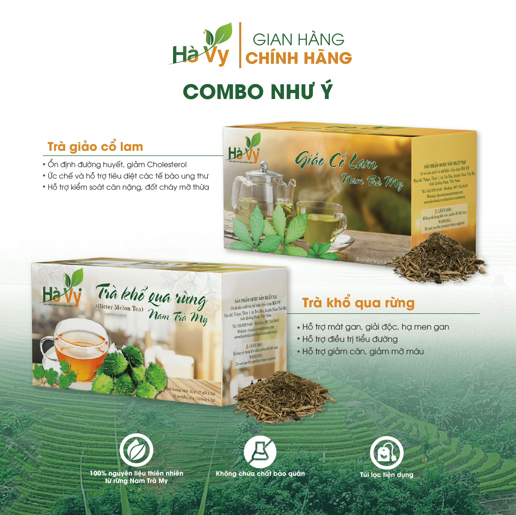 Combo Trà Giảo Cổ Lam &amp; Trà Khổ Qua Rừng Nam Trà My Hà Vy hỗ trợ giảm cân, cải thiện chứng mất ngủ hiệu quả (set 2 hộp trà túi lọc)