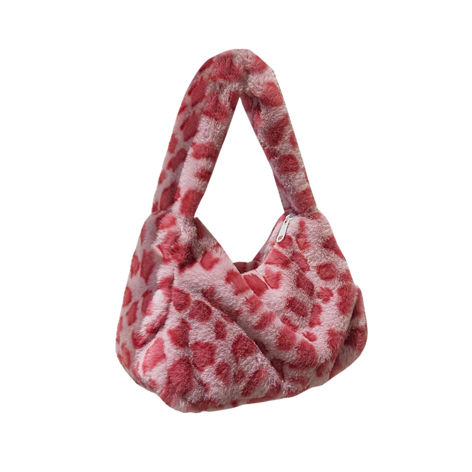 Fashion Plush Shoulder Bag Lady Casual Tote Underarm Bag Lightweight Small Purse Leopard Pattern Handbag for Travel Work