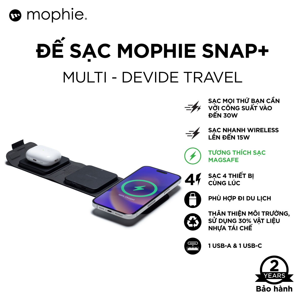 Đế sạc mophie Snap+ multi-device travel, sạc không dây sạc nhanh, BH 2 năm 1 đổi 1 - Hàng chính hãng