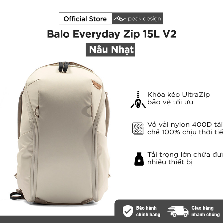 Balo Cao Cấp Peak Design Everyday Backpack Zip v2 15L Màu Nâu Nhạt- Hàng Chính Hãng