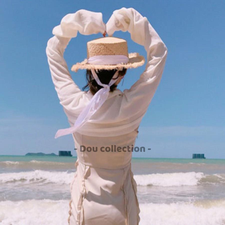 Nón Cói  Raffia Sợi Tự Nhiên Vành Tua Rua Phối Dây Nơ Đi Biển - Mã NC008