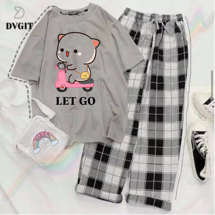 Sét Bộ Nữ SS12, Sét Đồ Nữ Đi Chơi Đẹp In Hình Mèo Đi Xe Dễ Thương, Sét Áo Vải Cotton, Và Quần Kẻ Màu Cá Tính