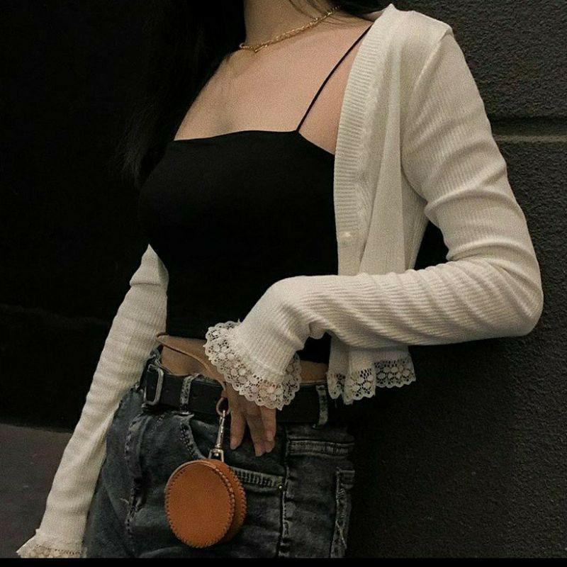 Áo croptop thun tay dài cúc thật viền ren thời trang XIXO - ATN0024