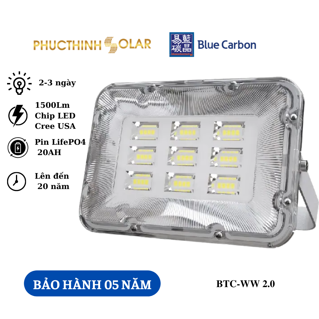 Đèn Pha Năng Lượng Mặt Trời 100W Blue Carbon BCT-WW2.0 - Đèn Pha LED Ngoài Trời Có Điều Khiển Từ Xa | Phúc Thịnh Solar