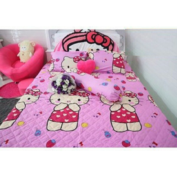 Set 3 món ga gối Poly cotton Kitty hồng dâu PL2 kèm 1 vỏ gối ôm