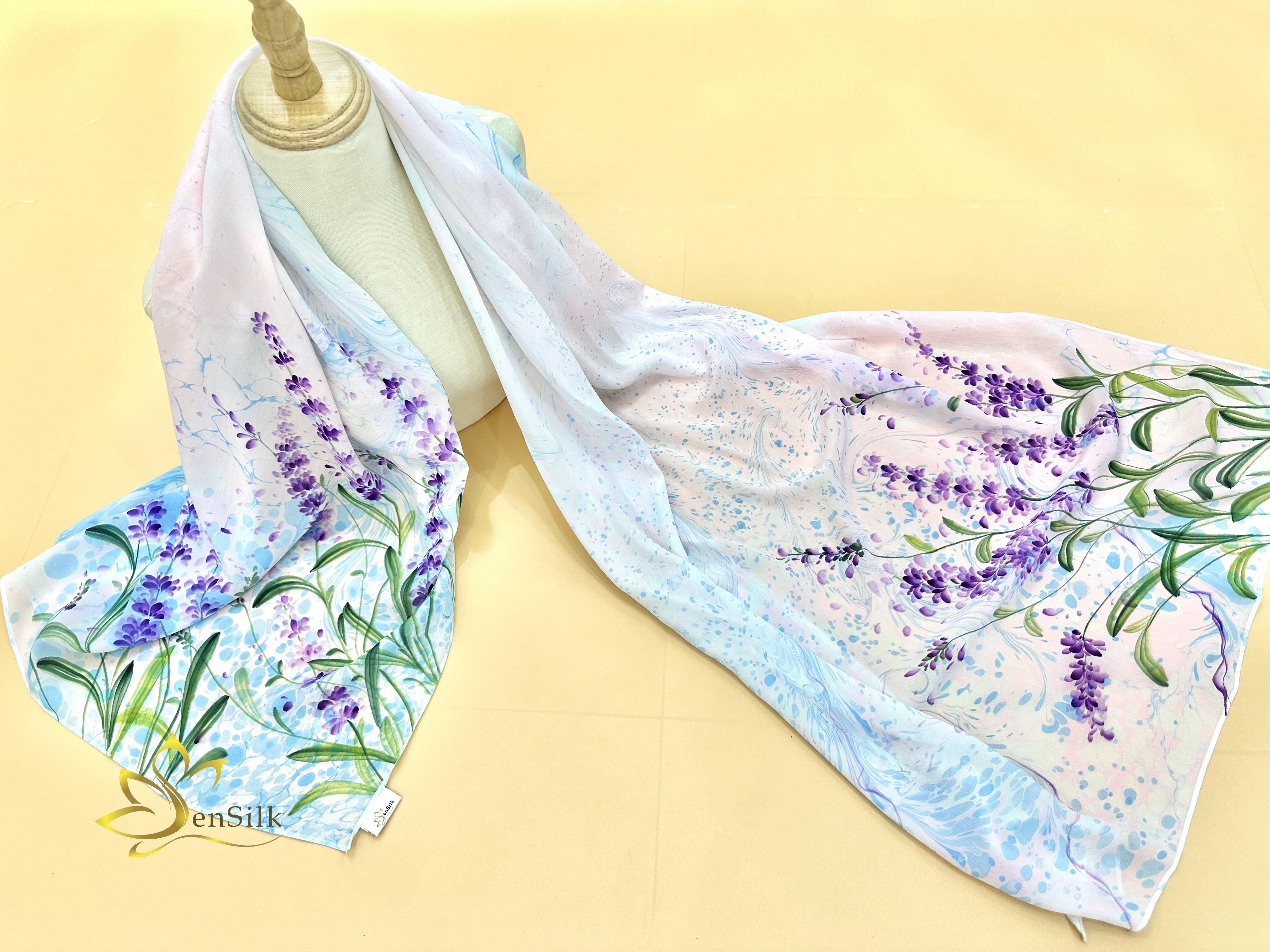 Khăn Lụa Thuỷ Ấn Sen Silk Lavender - Quà Tặng Cao Cấp - 100% Natural Silk Scarf Water Marbled Hand Painted - Girf for Her Bridemaid Friend Business - Best Silk Shawl Handmade