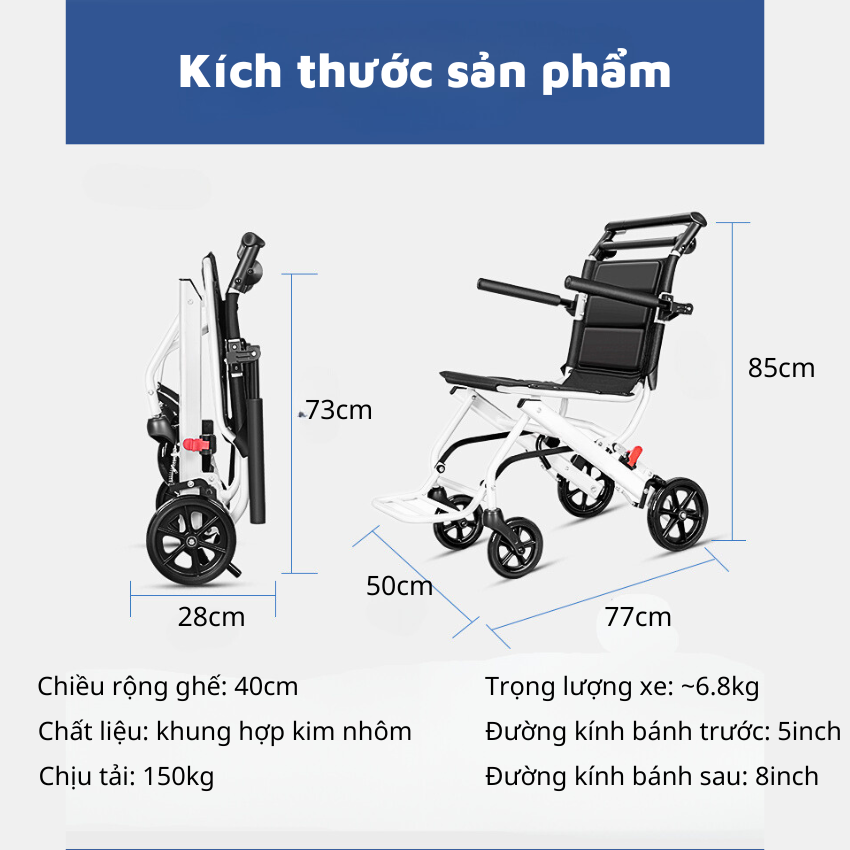 Xe Lăn Cho Người Già Gấp Gọn Siêu Nhẹ, Xe Lăn Du Lịch Xếp Gọn