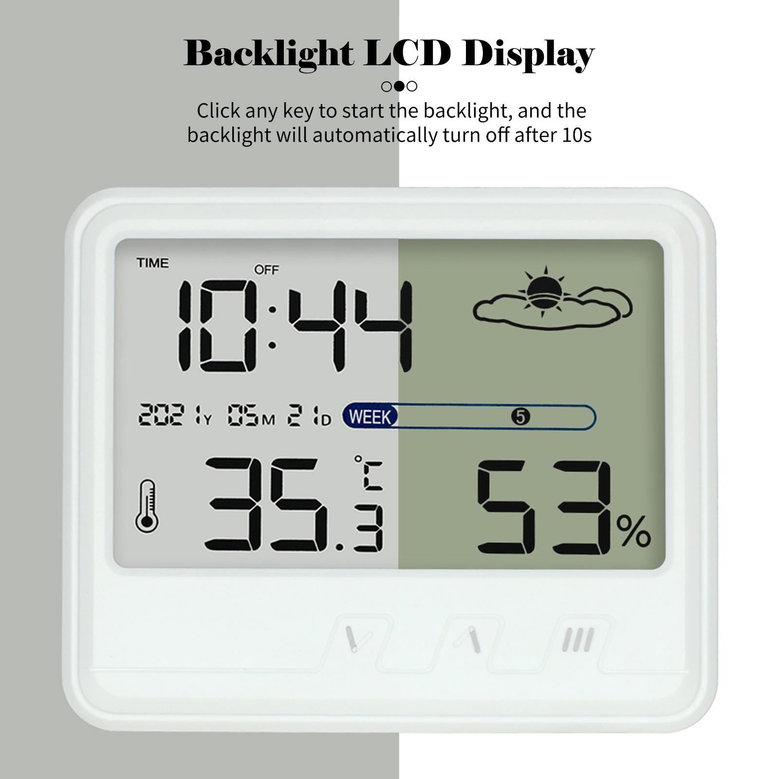 YS202 Indoor Hygrometer Thermometer with Time Date Week Backlight LCD Display Clock Calendar