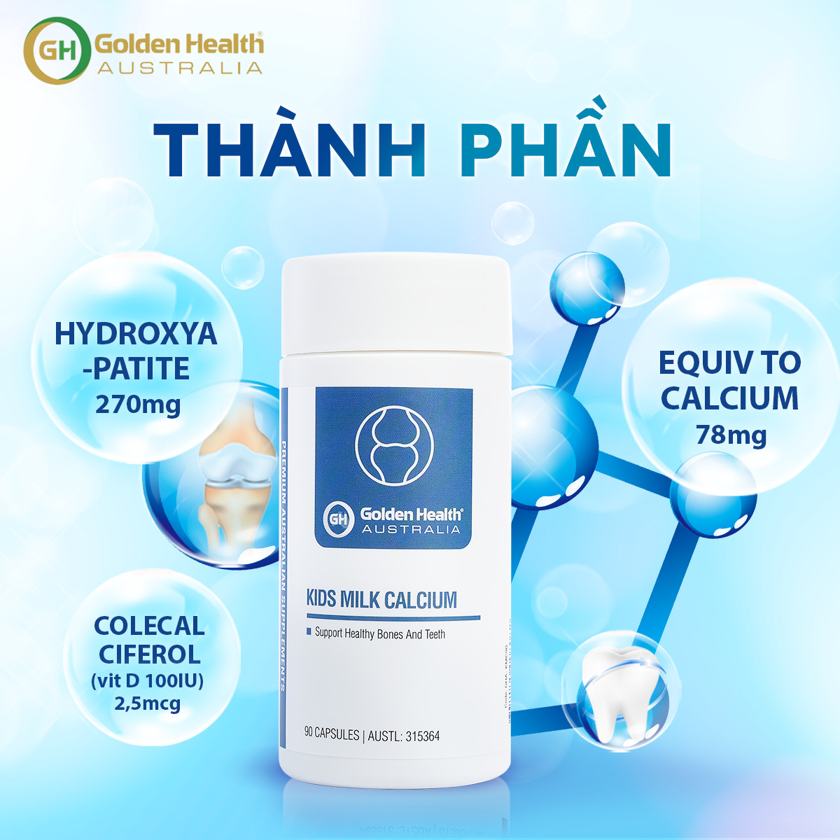 Viên Uống Hỗ Trợ Chắc Xương và Tăng Chiều Cao Cho Bé Golden Health Kids Milk Calcium Hộp 90 viên