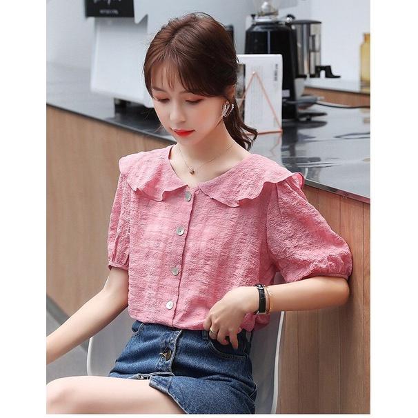 Áo Kiểu Sơ Mi Nữ Hàn Quốc Cổ Tròn Bèo Tay Phồng Công Sở Thời Trang Đẹp