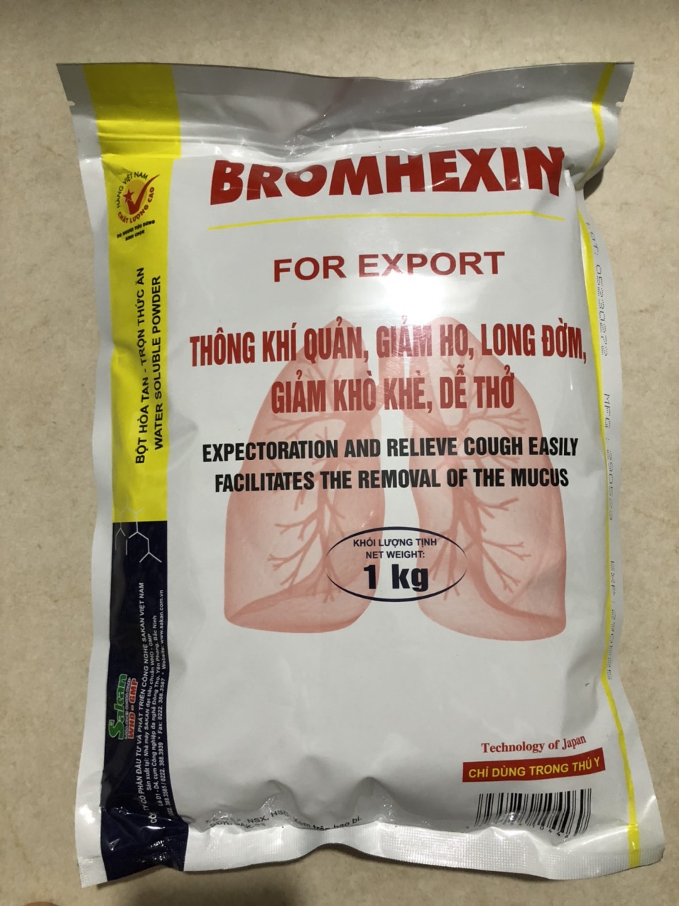 Thuốc thú y, Bromhexine/ Bromhexin/ Brom (1kg-Sakan) giảm ho, long đờm dùng cho chó, mèo, gia súc, gia cầm