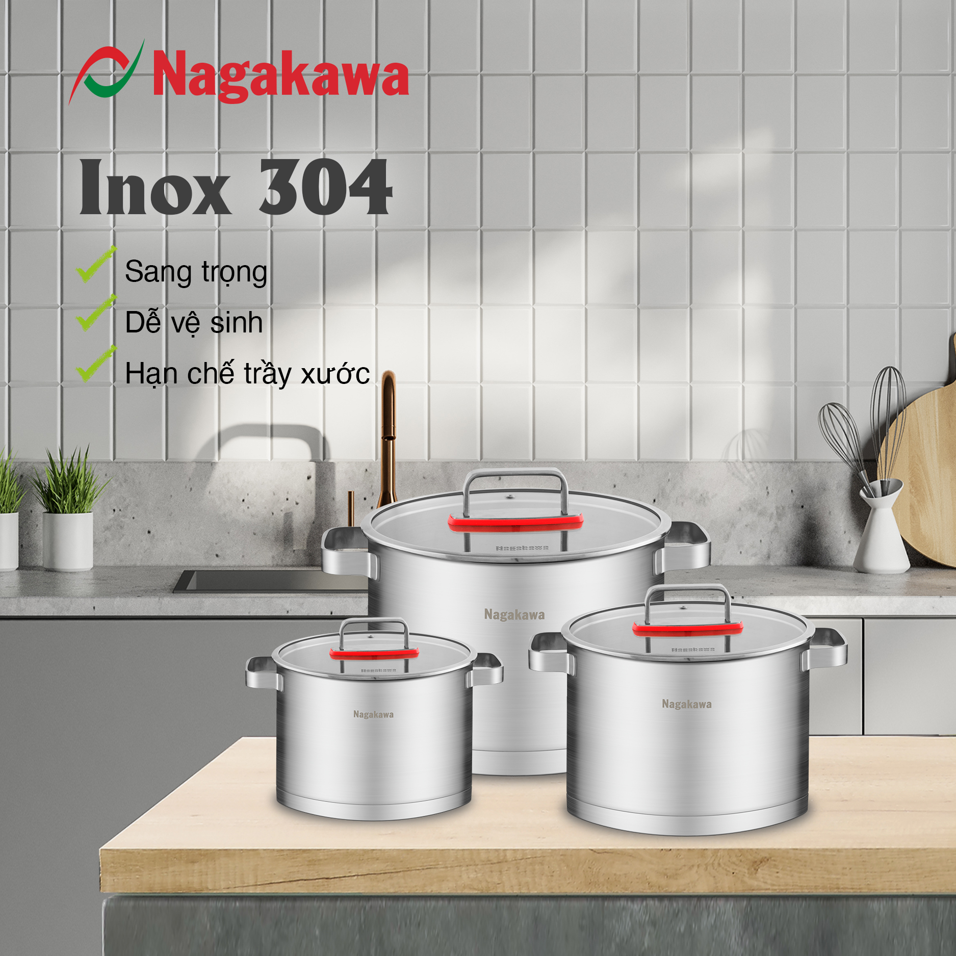 Bộ 3 nồi inox 304 đa lớp toàn phần Nagakawa Aki NAG1357 - Dùng trên mọi loại bếp - Hàng chính hãng