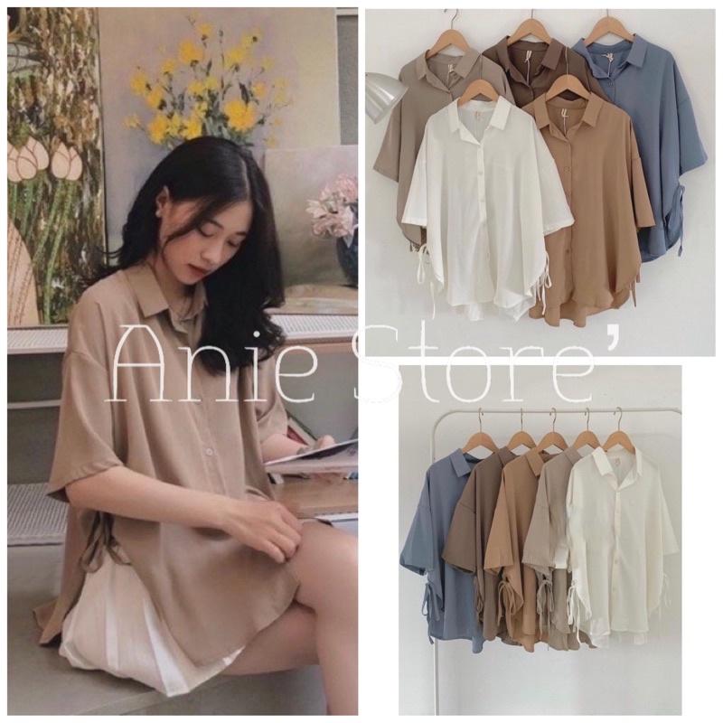 Áo Sơ Mi Nữ Cộc Tay Dây Nơ Eo Somi Nữ Tay Lỡ Dáng Dài 4 Màu