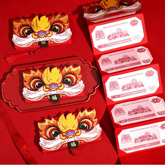 Bao Lì Xì Tết Hình Đầu Mèo Sư Tử Gấp Gọn, 2 Ngăn-6 Ngăn Sang Trọng Sáng Tạo GD617-LixiDay-2ngan
