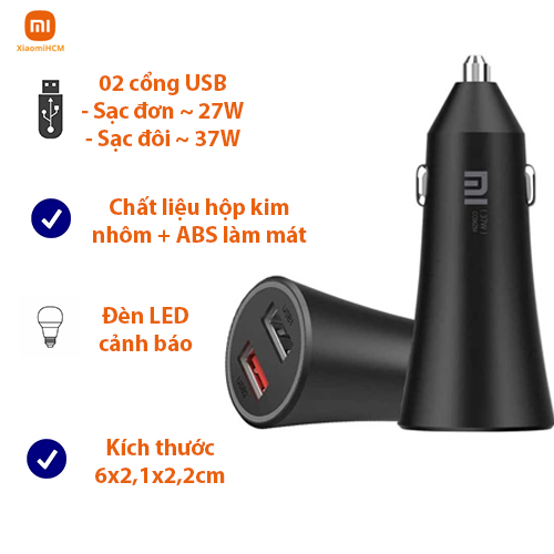 Tẩu sạc xe hơi Xiaomi 37W - Hàng chính hãng - Sạc USB Oto Mi 37W Dual-Port màu Đen, chất liệu hợp kim cao cấp sang trọng