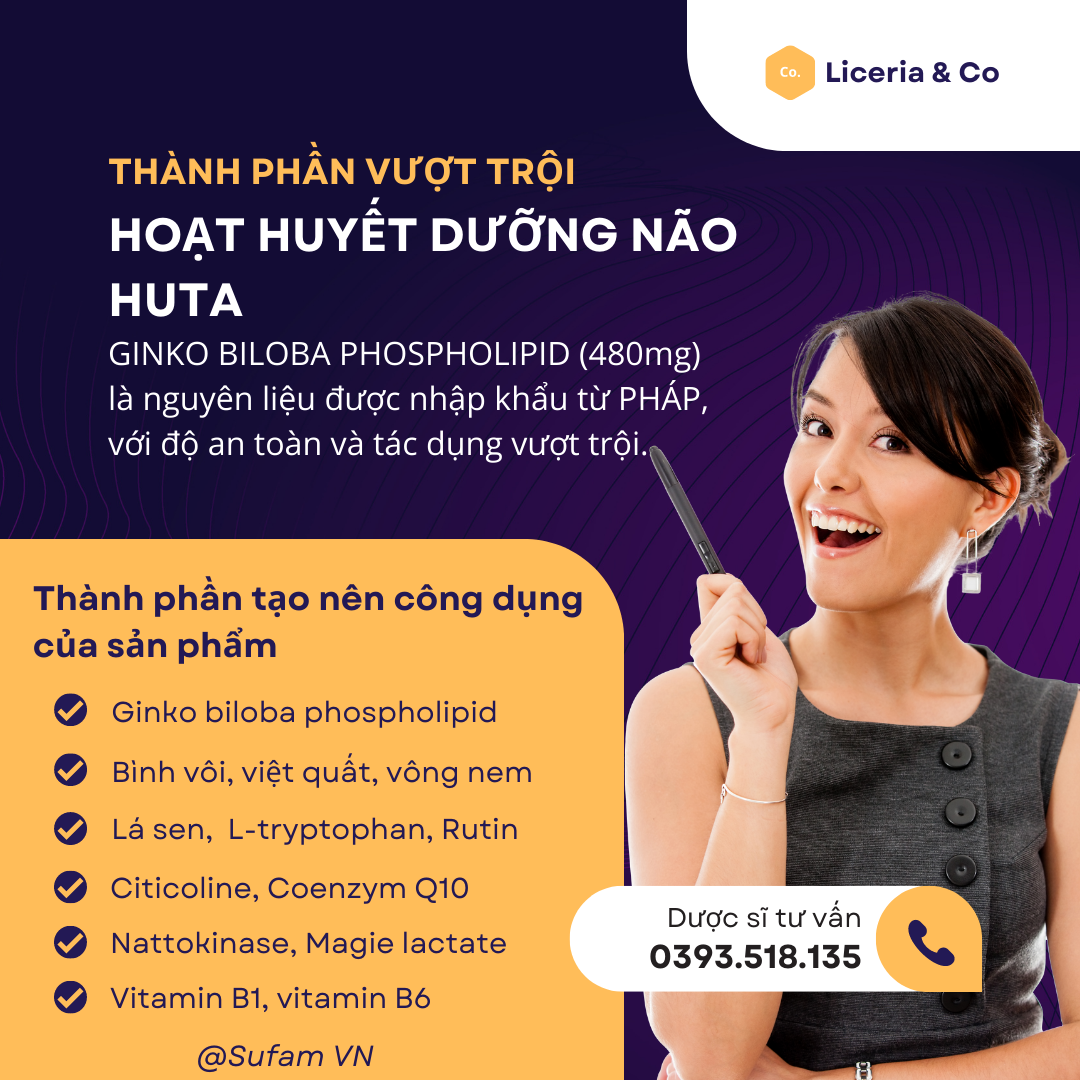 Viên uống Hoạt Huyết Dưỡng Não Huta - Thành Phần Vượt Trội, Ginko Biloba Phospholipid nhập khẩu từ Pháp, Dùng duy trì ngày 1 viên 1 ngày trước ngủ 45phút