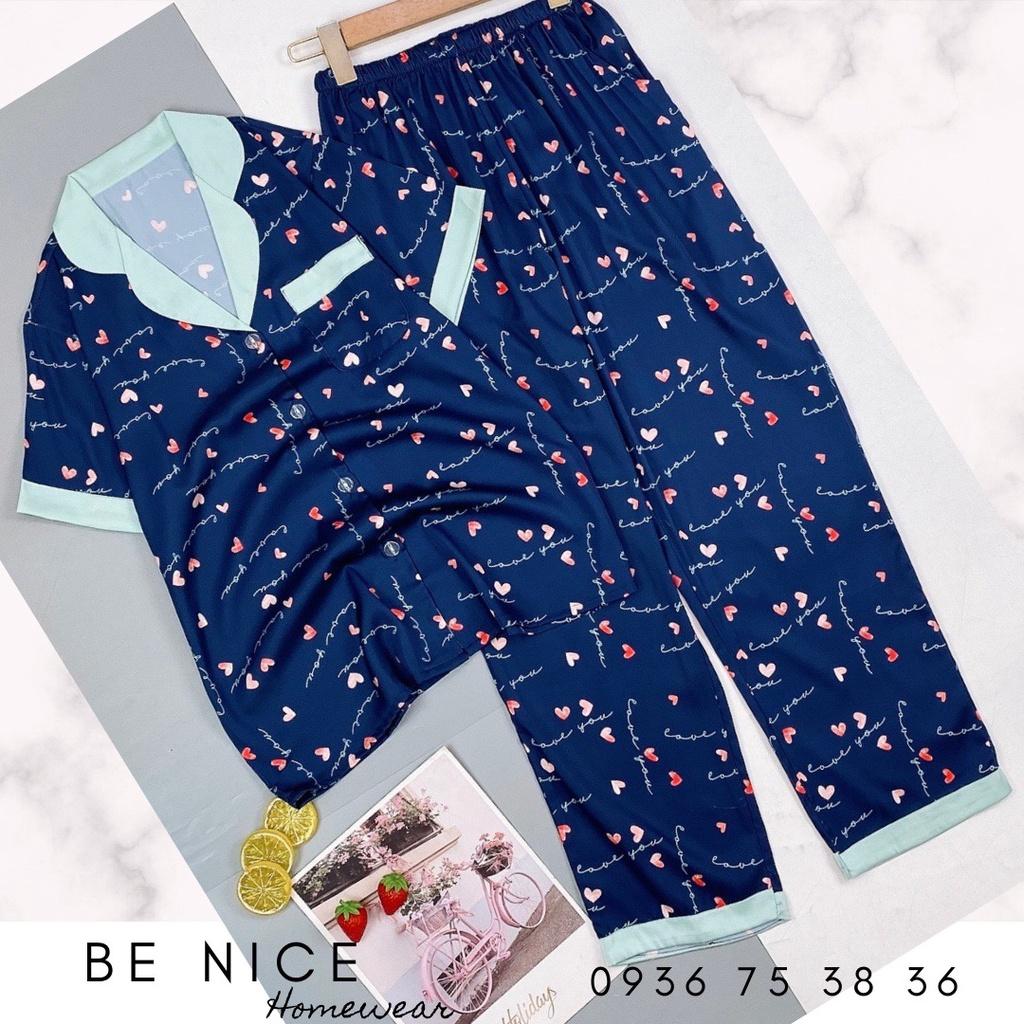 Set pijama lụa mặc nhà cổ phối màu tay ngắn quần dài, Be Nice Homewear