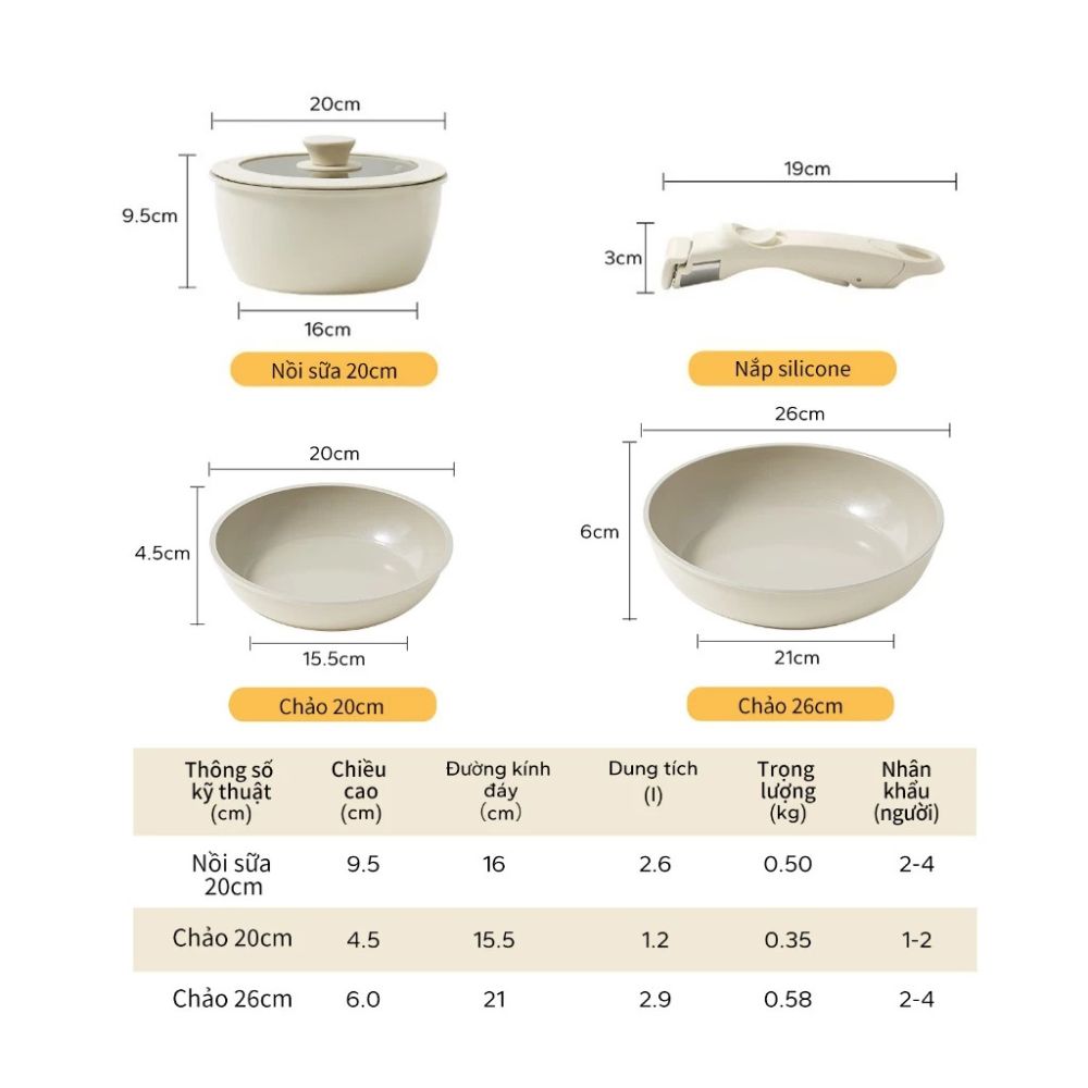 Bộ 3 Nồi Chảo Đá Gốm Chống Dính Mishio 5 Món - Tay Cầm Tháo Rời, Không Chứa PFAS/PTFE/PFOA, Dùng Mọi Loại Bếp - hàng chính hãng