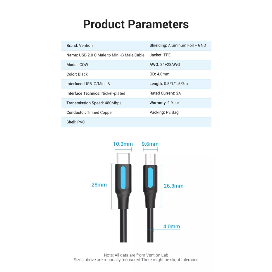 Cáp sạc và truyền dữ liệu type-C ra Mini-B Vention COWBF _  hàng chính hãng