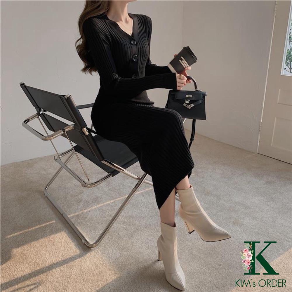 Đầm len nữ Body dáng dài cổ chữ V cài cúc màu đen màu be trắng váy len dự tiệc dài tay ôm sát sành điệu cá tính