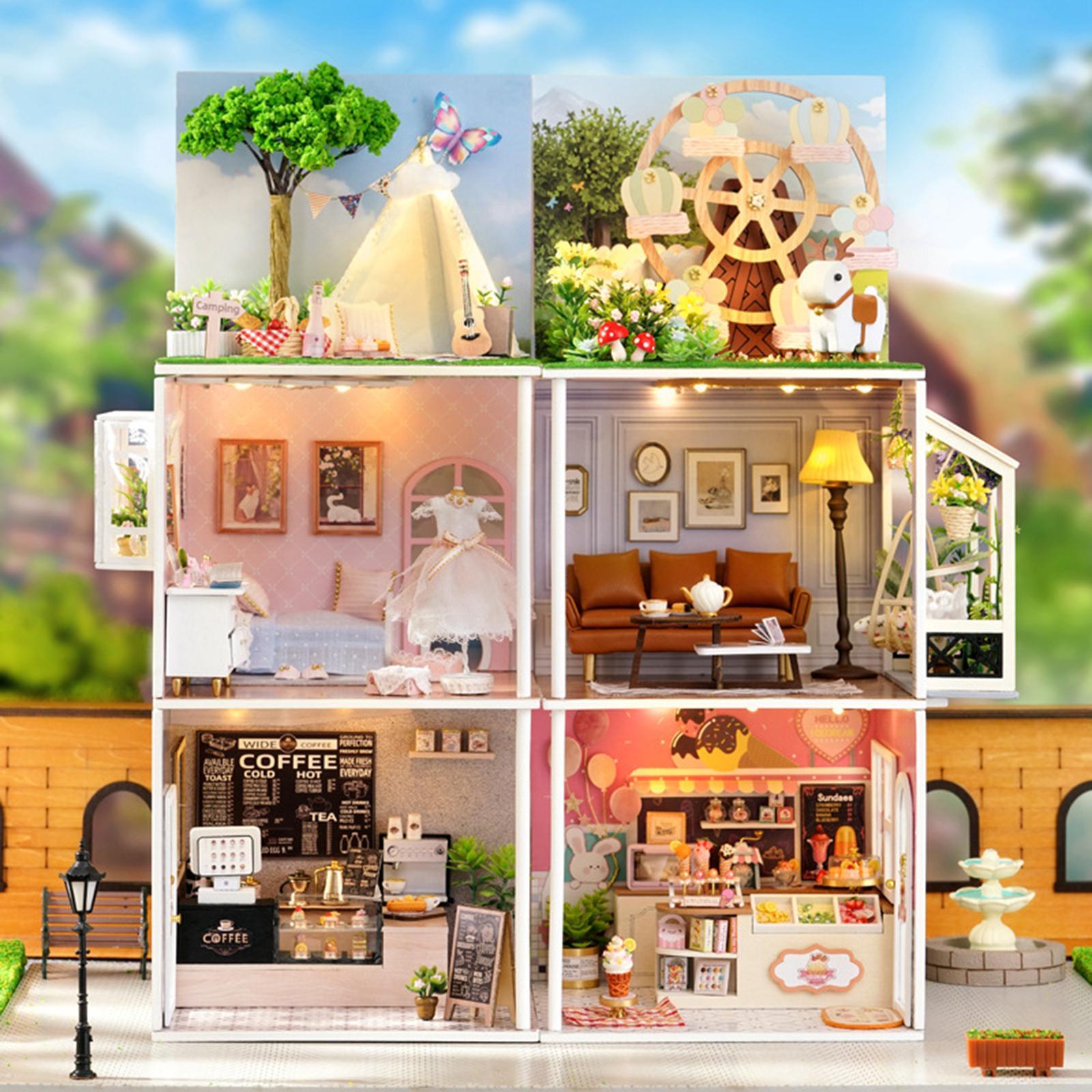 Unfinished Dollhouse DIY Kit Tiny House Building Kit Creative Room Home Dollhouse Model with Lights for Adults Friends Children Gifts