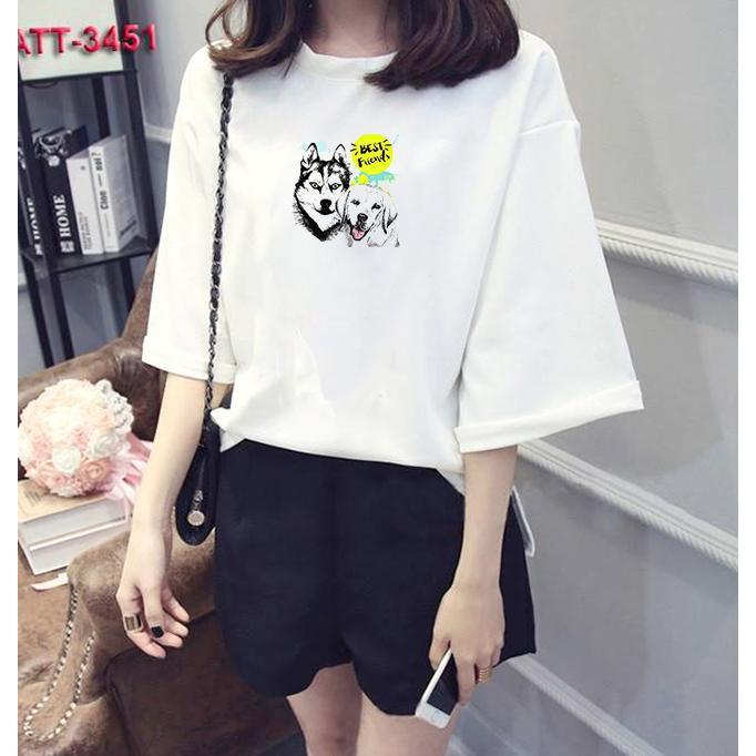 Áo thun nữ tay lỡ Hàn Quốc form rộng in hình Best friends vải dày mịn TEEWOTL76