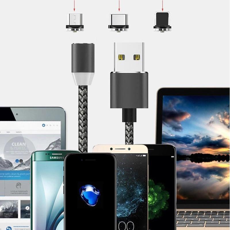 Cáp sạc từ hút nam châm đầu IP| micro USB | Type C xoay 360 độ dây dù,có LED cao cấp magic