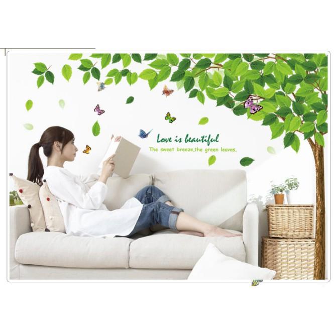 Decal trang trí Cây Lá Xanh Hoa Bướm kèm chữ A.H