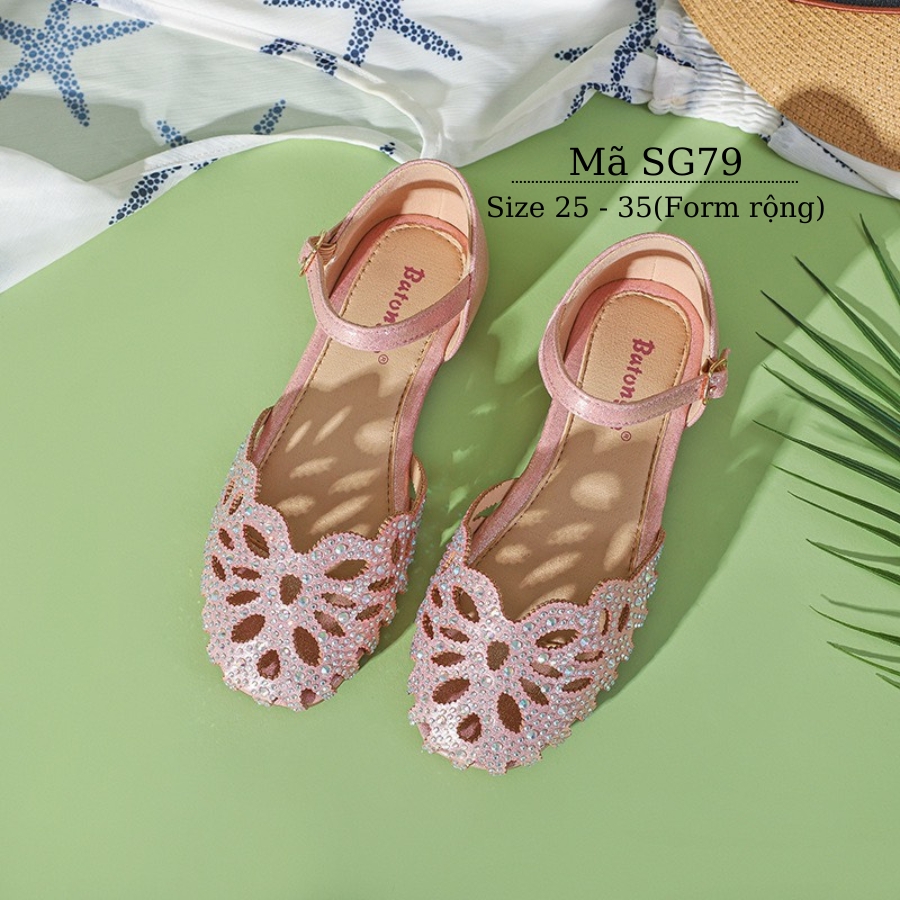 Giày sandal búp bê bé gái 3 - 12 tuổi bít mũi màu hồng đính kim sa lấp lánh điệu đà và duyên dáng phong cách Hàn Quốc SG79