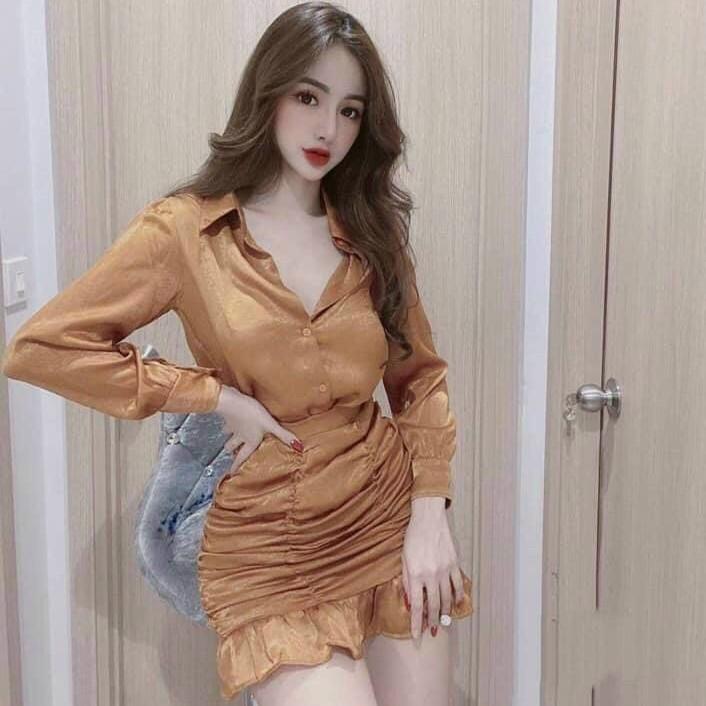 Sét áo kèm chân váy nữ áo sơ mi cài nút phối chân váy đuôi cá AM