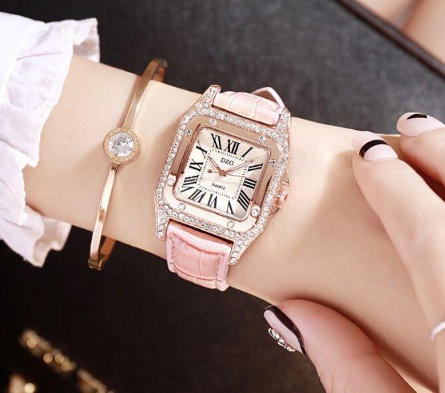 Đồng Hồ Dây Da Mặt Vuông Đính Hột Nữ DZG