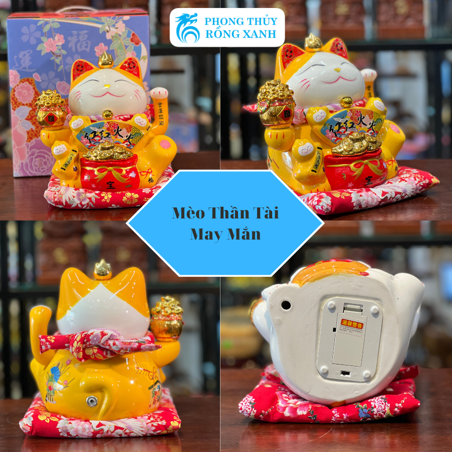 Mèo Thần Tài-Mèo May Mắn Chiêu Tài Đón Khách-Mèo Đại Phú Đại Quý Màu Vàng 8 inch-Gốm Sứ Cao Cấp
