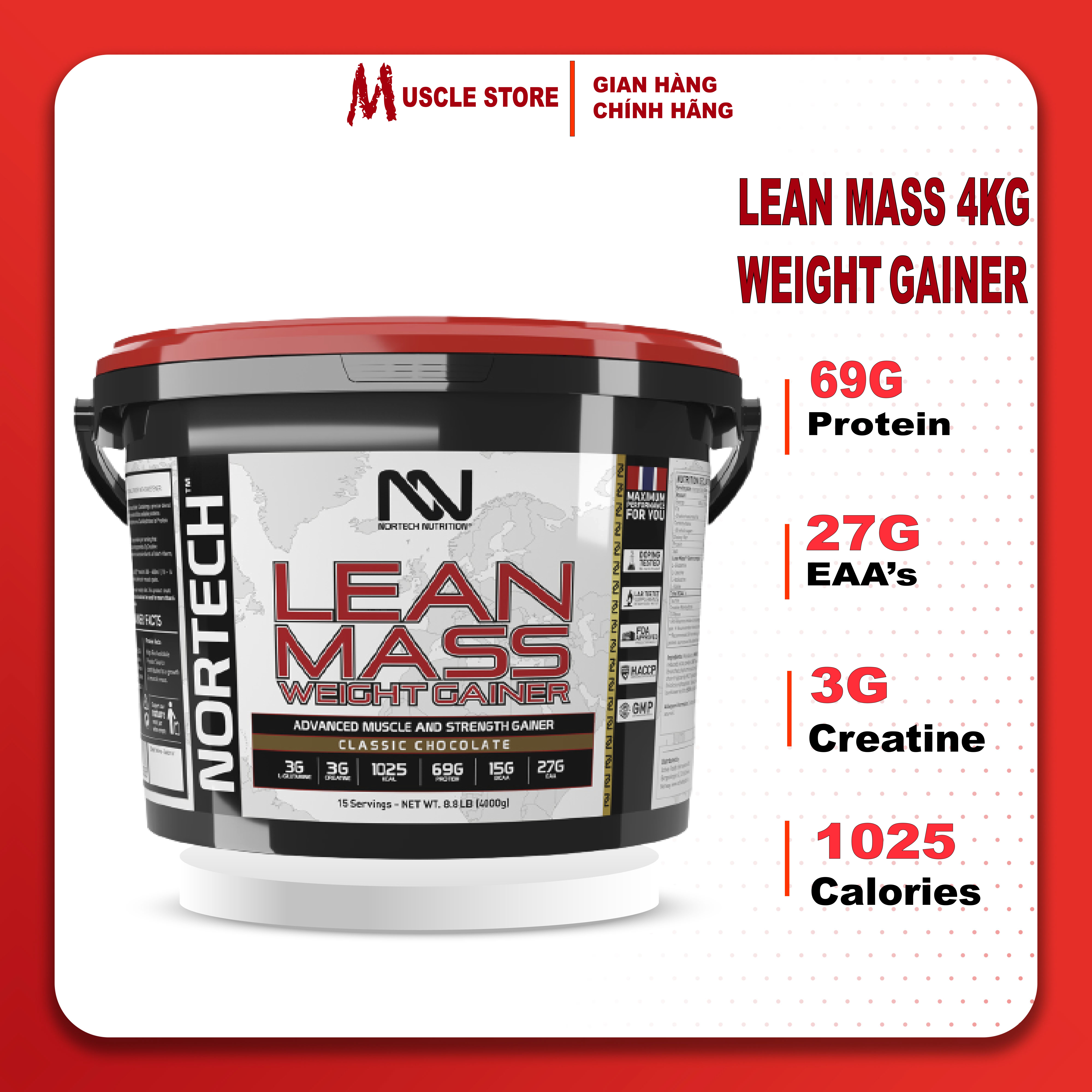 NorTech Lean Mass Gainer , Sữa Tăng Cân Tăng Cơ, Bổ Sung 69G Protein, 27G EAA, 15G BCAA, 3G Creatine, Glutamin