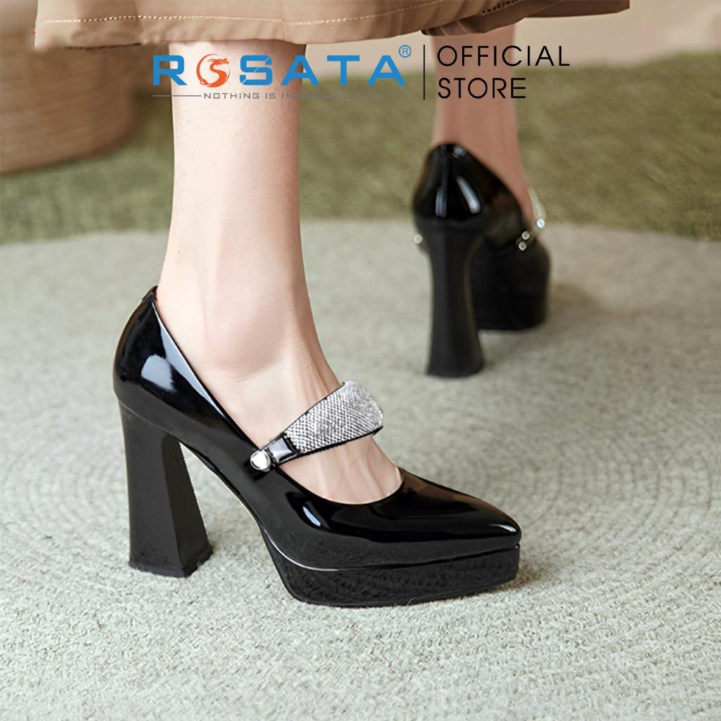 Giày cao gót nữ ROSATA RO464 mũi nhọn quai ngang đính hạt gót trụ cao 8cm xuất xứ Việt Nam