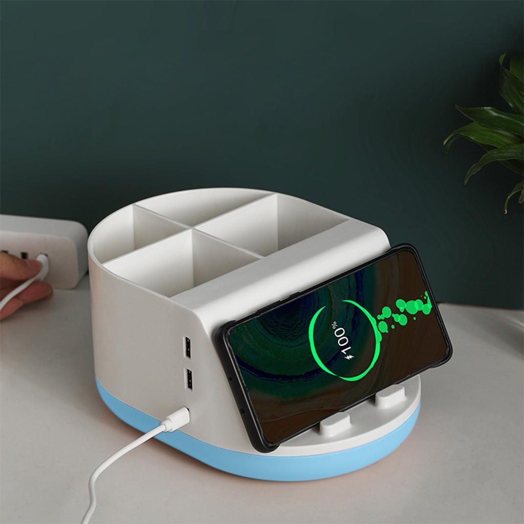 Makeup Storage Holder Phone Charging Station Stationery Organizer Blue