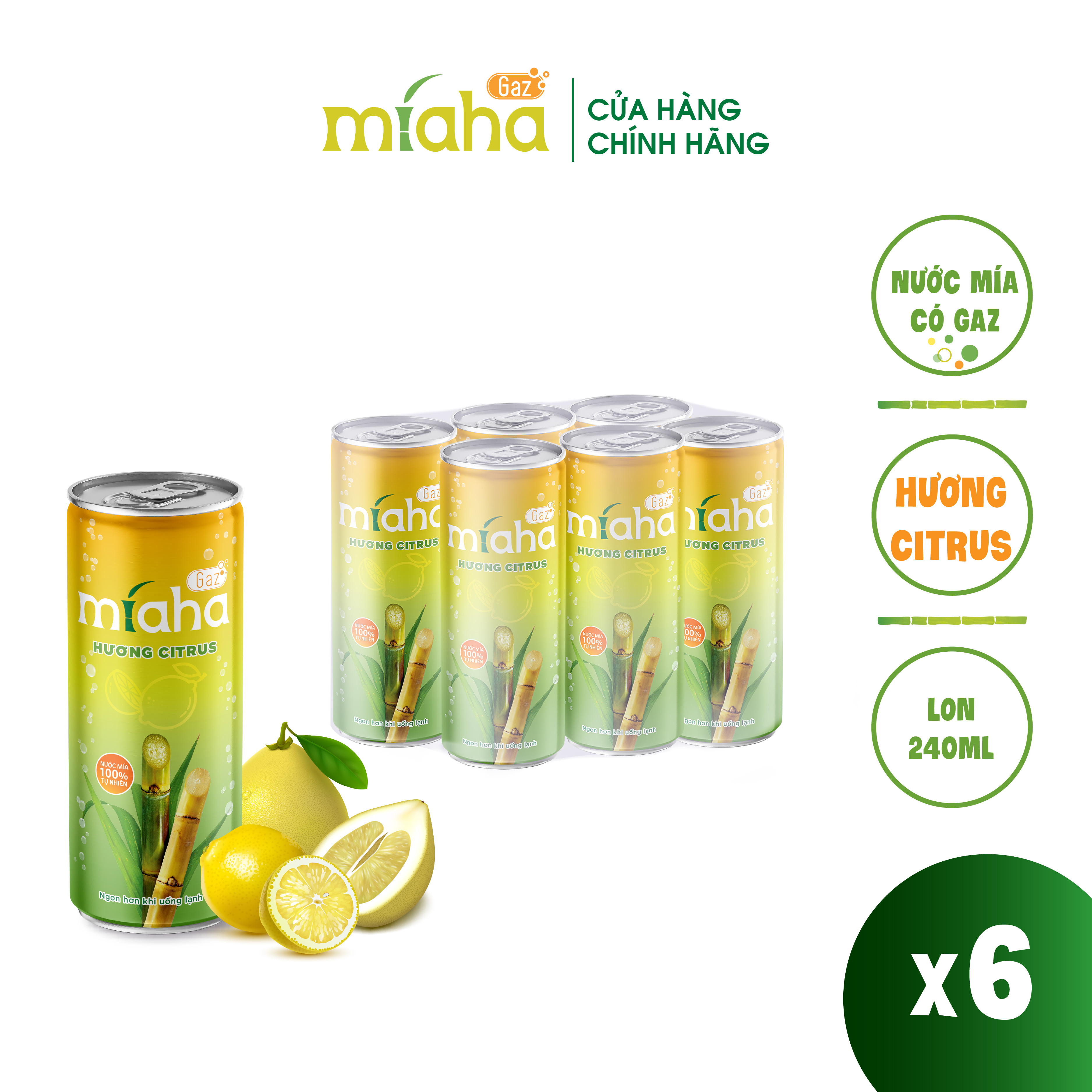 Combo 6 Lon Nước mía có gaz MÍA-HA GAZ hương Citrus 240ml/Lon
