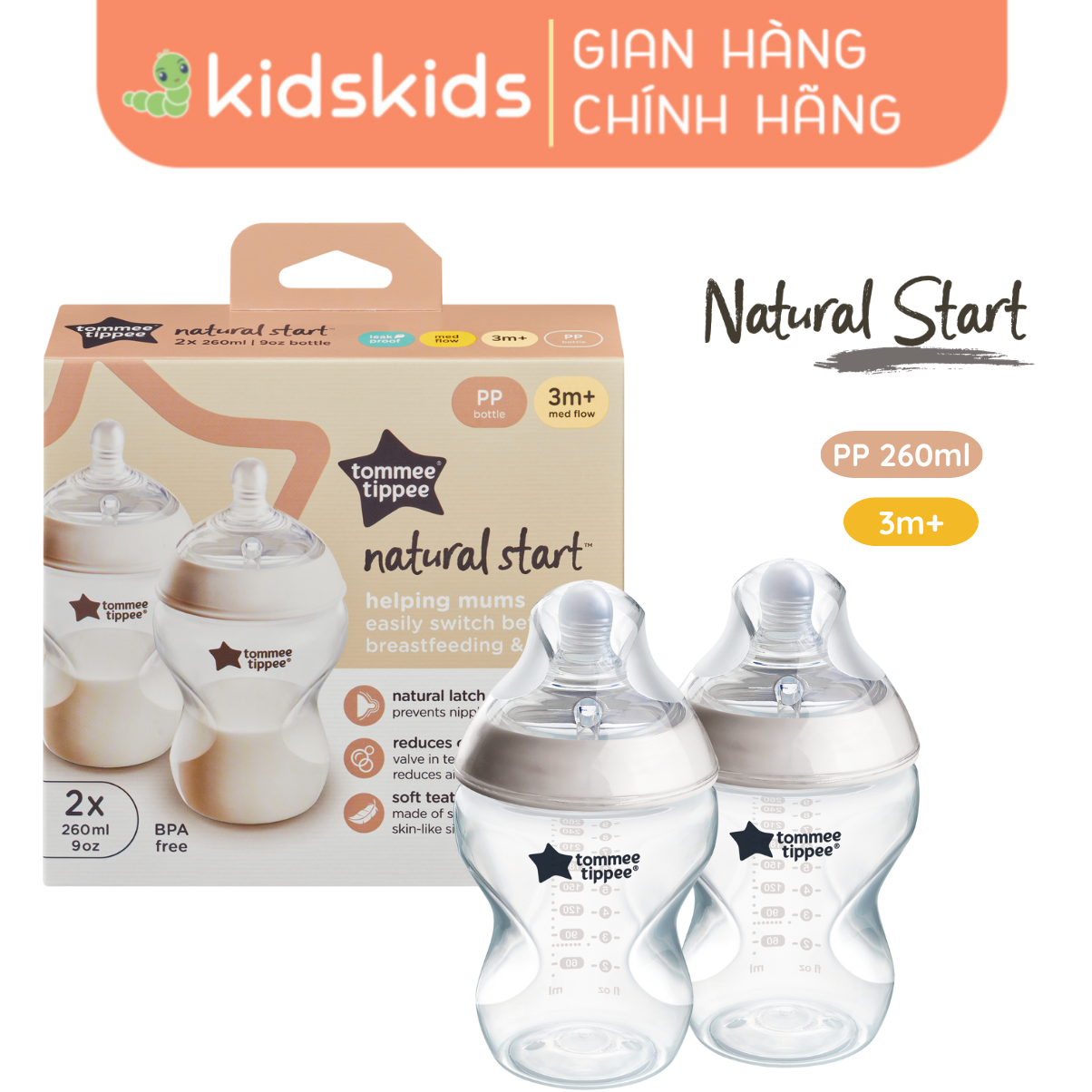 Bình sữa ty siêu mềm tự nhiên Tommee Tippee Natural Start 260ml, núm ty đi kèm 3-6 tháng (bình đôi)