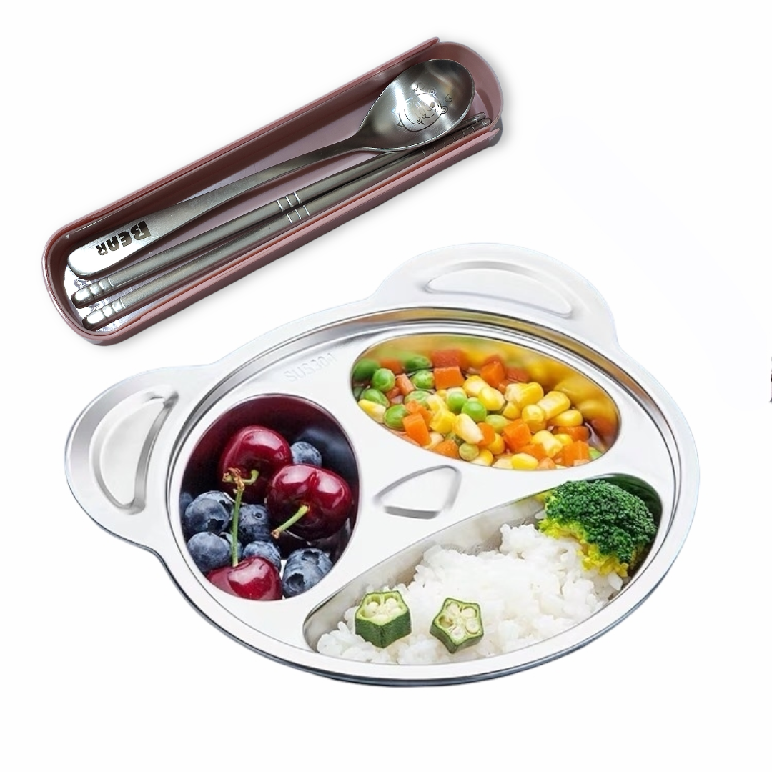 khay cơm,khay ăn dặm cho các bé inox 304 cao cấp 100% ( tặng hộp thìa đũa bear)