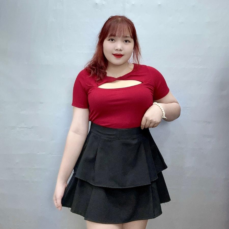 Áo thun tay ngắn xẻ ngực bigsize xoắn cổ tròn BIGSIZE CÔ NHỎ dáng croptop, Áo phông phom rộng 60-95kg G119 - Đen