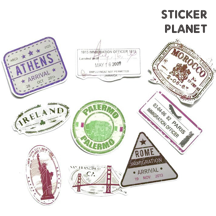 Bộ sticker chủ đề retro  visa stamp chống thấm nước trang trí mũ bảo hiểm, đàn, guitar, ukulele, điện thoại laptop