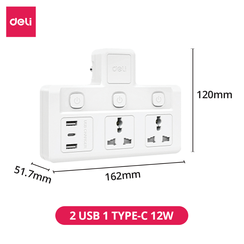 Ổ Cắm Chia Điện Deli, Ổ Cắm Điện Chữ T Công Suất 2500W Tích Hợp Cổng USB &amp;TypeC Sạc Nhanh 20W