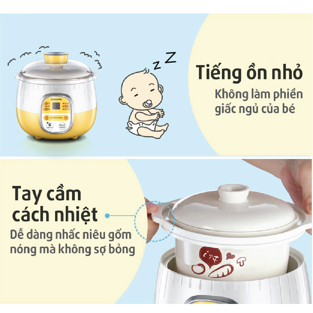 Nồi hầm cháo, chưng yến, tiềm gà 2GOOD Bear 2 tầng (bảng điều khiển tiếng Việt, chống trào, cạn nước tự động tắt) - Hàng Chính Hãng